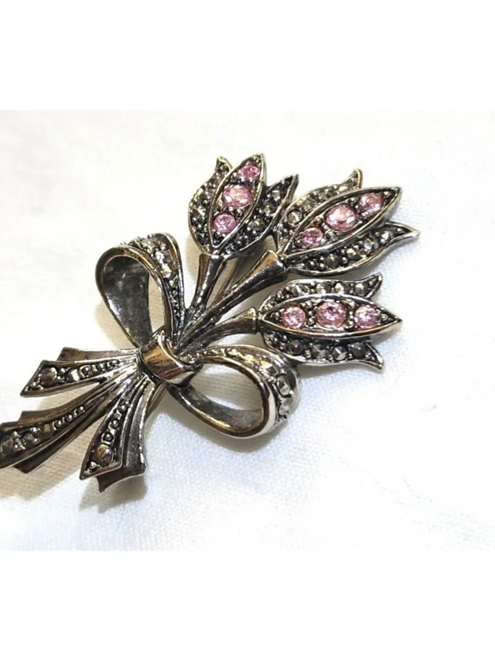 Vintage Silver Tone Floral Brooch Pink Rhinestones Bow Accent Elegant Design